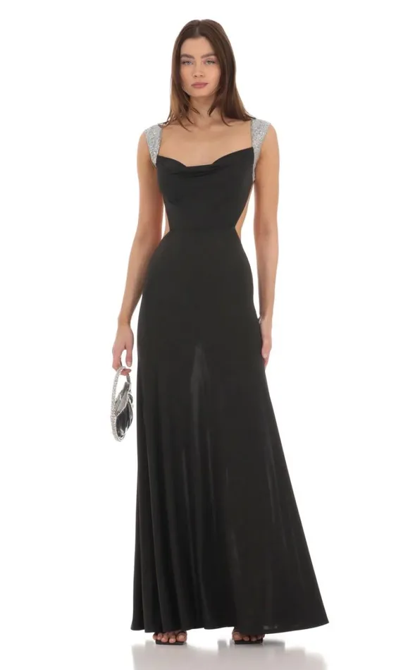 Silver Sequin Open Back Cowl Neck Dress Black Women LUCY IN THE SKY Maxi Dresses Silver Sequin Open Back Cowl Neck Dress Black Women LUCY IN THE SKY Maxi Dresses