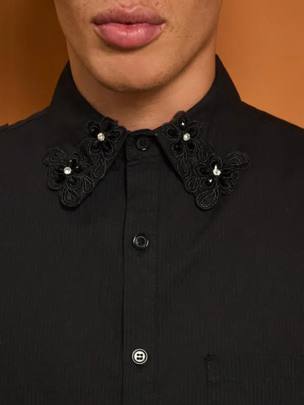 Sister Jane Shirts Menswear Penny Flower Trim Shirt Shadow Grey