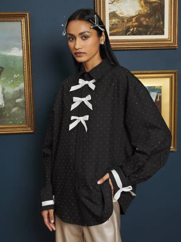Sister Jane Tops Womenswear Billy Bow Shirt Metal Black