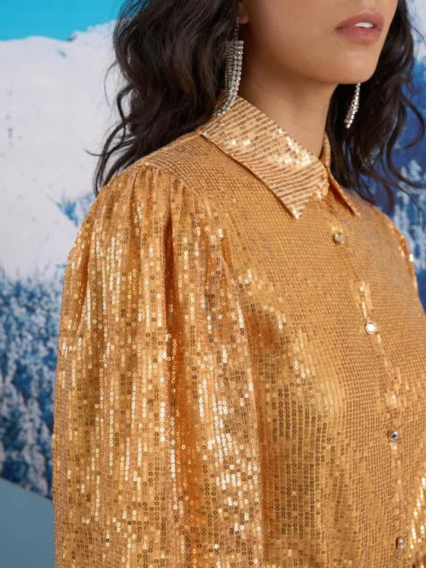 Sister Jane Tops Womenswear Ghospell Tilda Sequin Shirt Bronze Orange