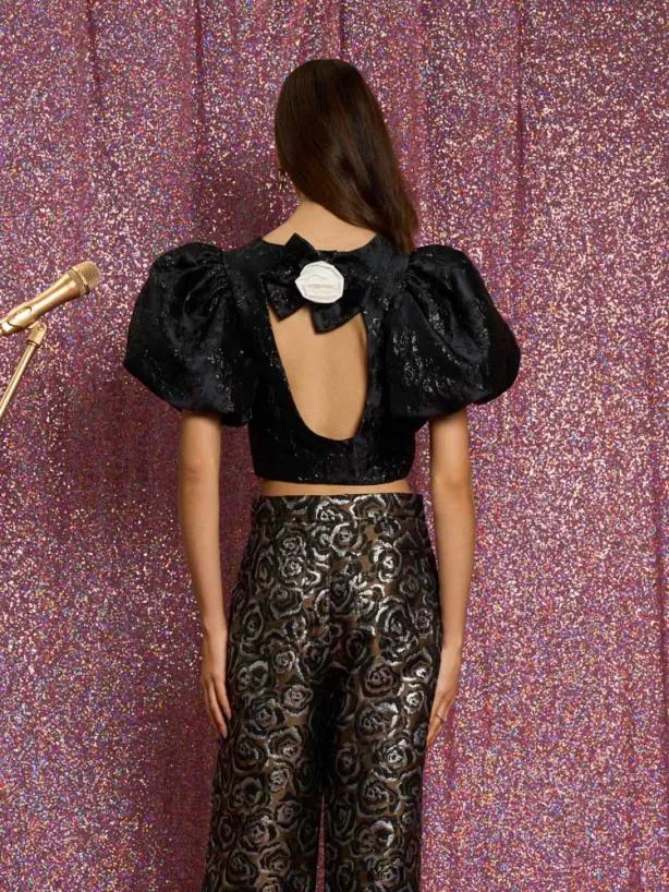 Sister Jane Tops Womenswear Tribute Jacquard Cropped Top Deep Black