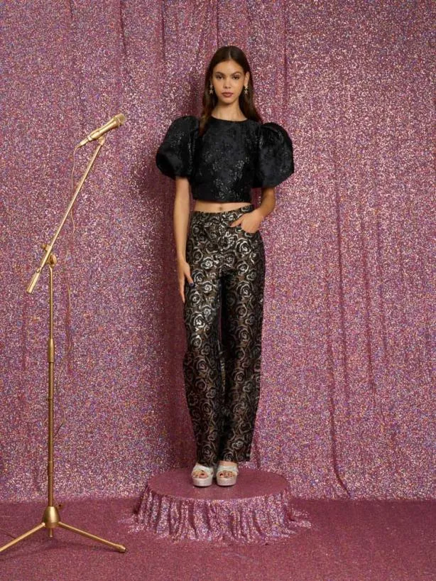 Sister Jane Tops Womenswear Tribute Jacquard Cropped Top Deep Black