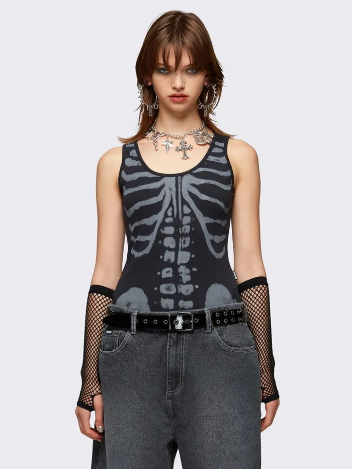 Skeleton Bones Black Bodysuit Women Minga London Tops and TShirts