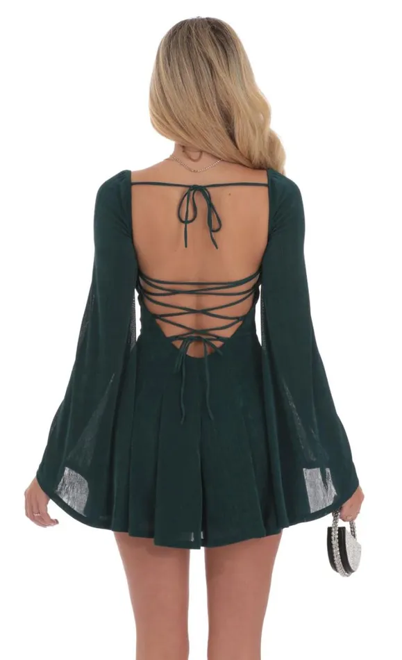 Slinky Flare Sleeve Dress Dark Green Women LUCY IN THE SKY Mini Dresses