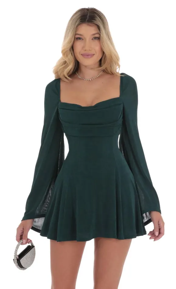 Slinky Flare Sleeve Dress Dark Green Women LUCY IN THE SKY Mini Dresses Slinky Flare Sleeve Dress Dark Green Women LUCY IN THE SKY Mini Dresses