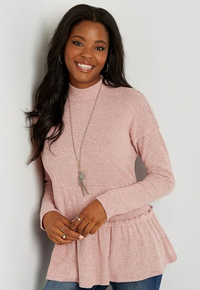 Solid Ribbed Mock Neck Babydoll Top Women Maurices Tops