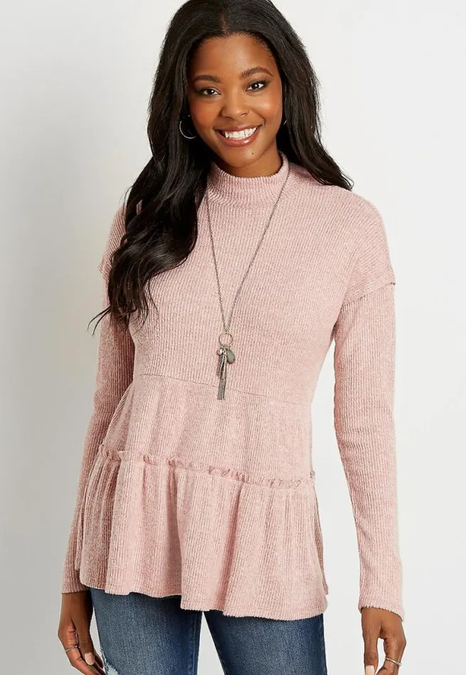 Solid Ribbed Mock Neck Babydoll Top Women Maurices Tops