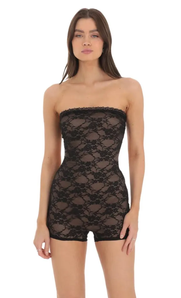 Strapless Lace Romper Black Women LUCY IN THE SKY Rompers Strapless Lace Romper Black Women LUCY IN THE SKY Rompers