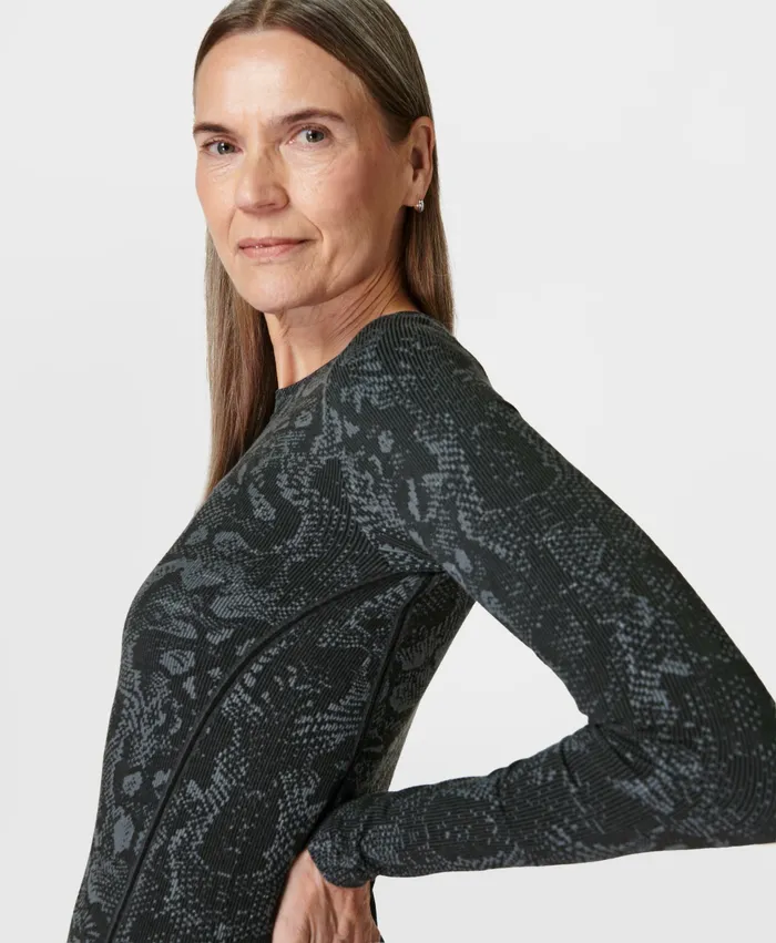 Sweaty Betty Glisten Seamless Long Sleeve Top Black Snake Jacquard Women Long Sleeve Tops