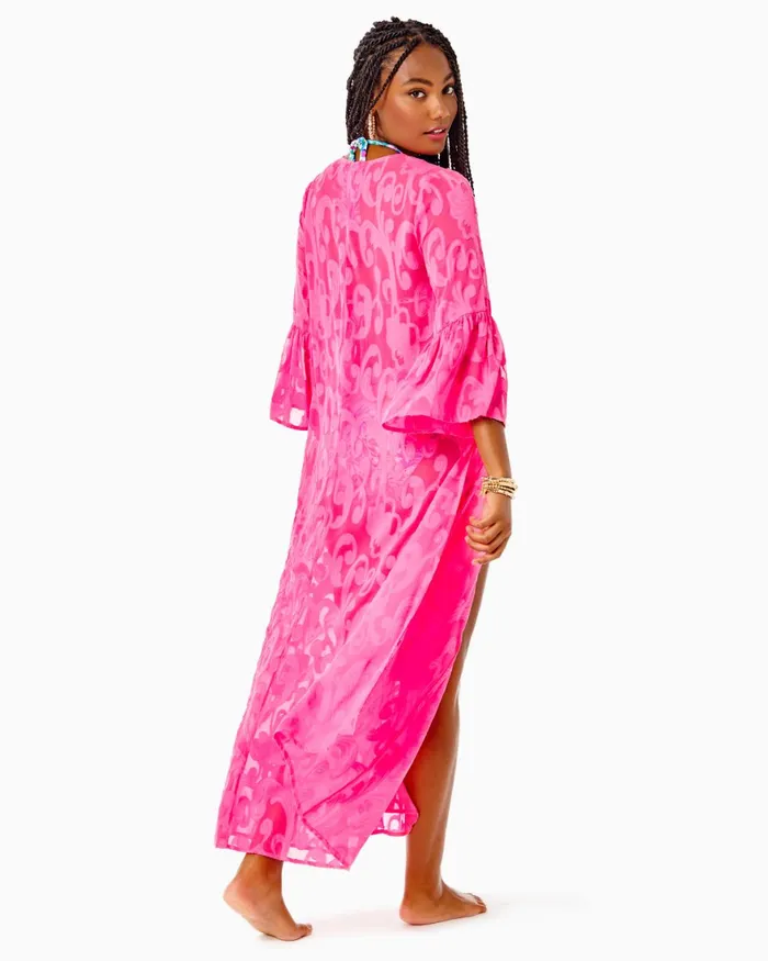 Swim Women Lilly Pulitzer Motley Maxi CoverUp Aura Pink Poly Crepe Swirl Clip