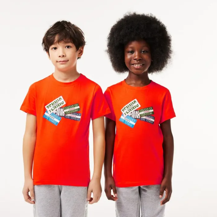 TShirts and Tops Kids Lacoste Kids039 Cotton Badge Print TShirt Sunrise Orange Sji