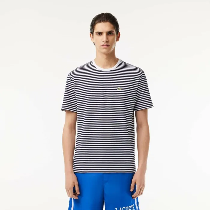TShirts Men Lacoste Men039s Heavy Cotton Striped TShirt White Navy Blue 522