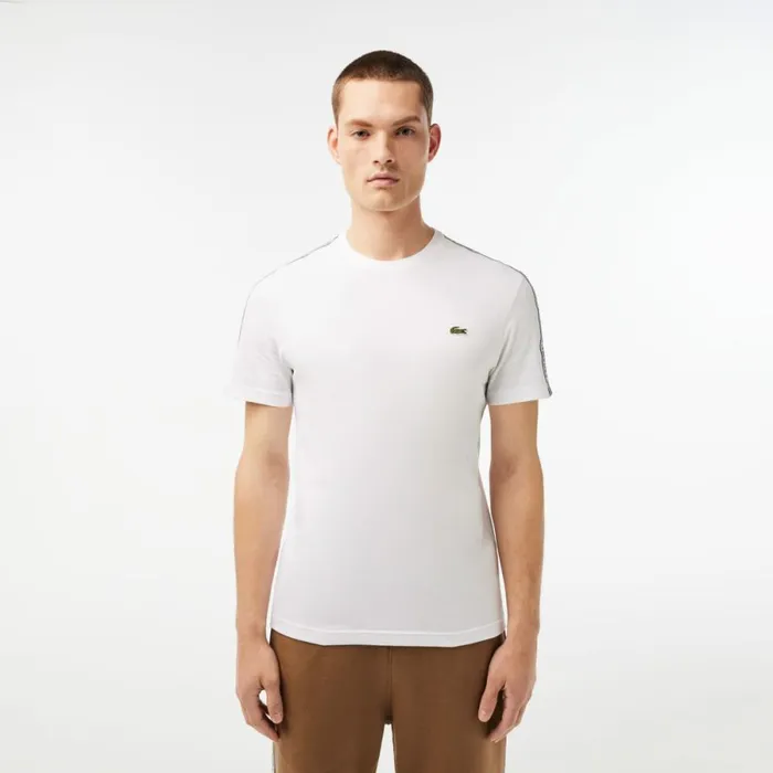 TShirts Men Lacoste Mens Regular Fit Logo Stripe TShirt White 001