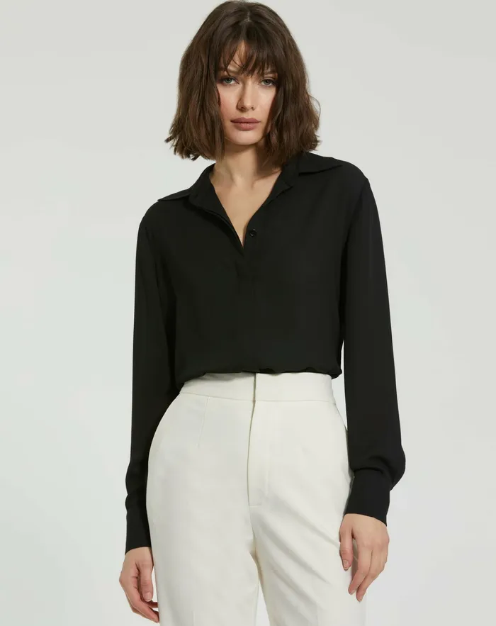 The Bentley Long Sleeve Button Up Georgette Blouse 8211 FINAL SALE Black Blouses and Tops Mac Duggal Women