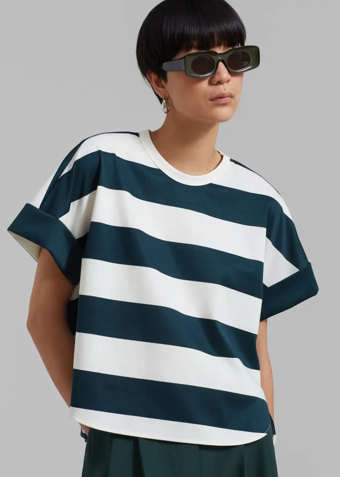 The Frankie Shop Ezra Rolled Up Tee 8211 Green Stripe Shop Tops