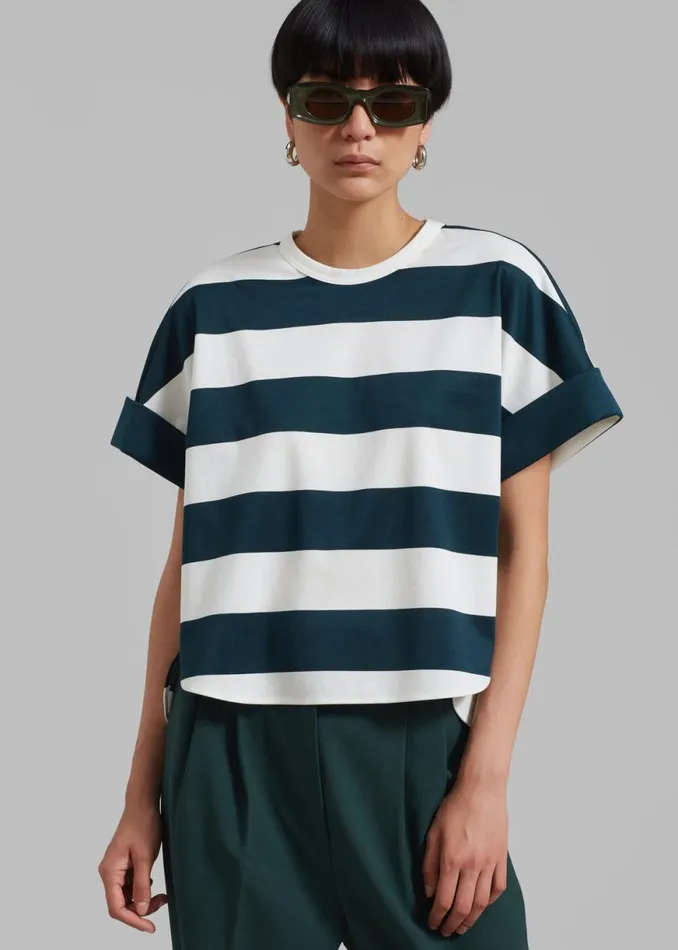 The Frankie Shop Ezra Rolled Up Tee 8211 Green Stripe Shop Tops