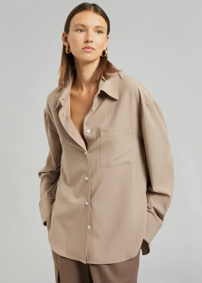 The Frankie Shop Lui Fluid Pinstripe Shirt 8211 Camel Shop Tops