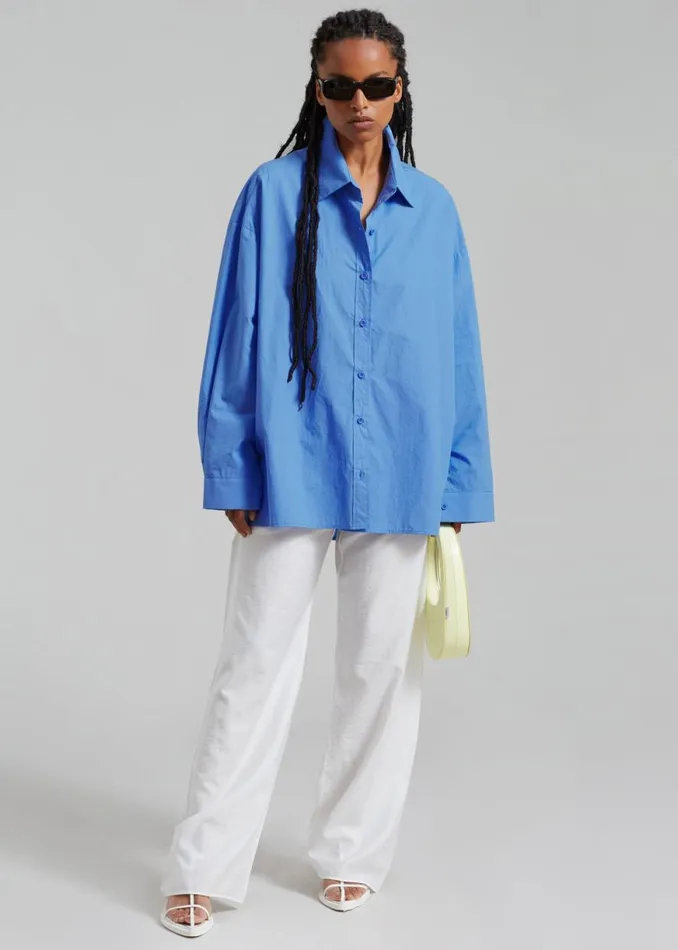 The Frankie Shop Raiz Open Back Oversized Shirt 8211 Blue Shop Tops