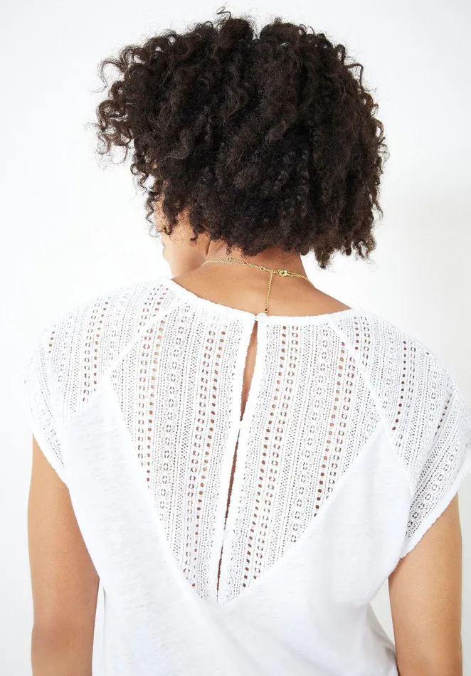 Tops and TShirts Women Hush Lace Panel LinenBlend TShirt White