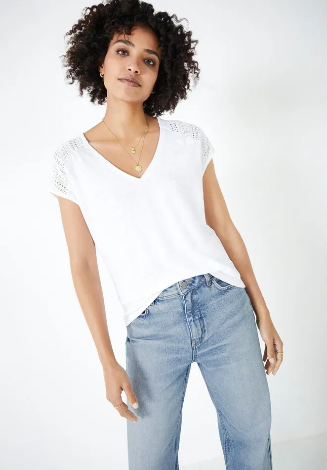 Tops and TShirts Women Hush Lace Panel LinenBlend TShirt White