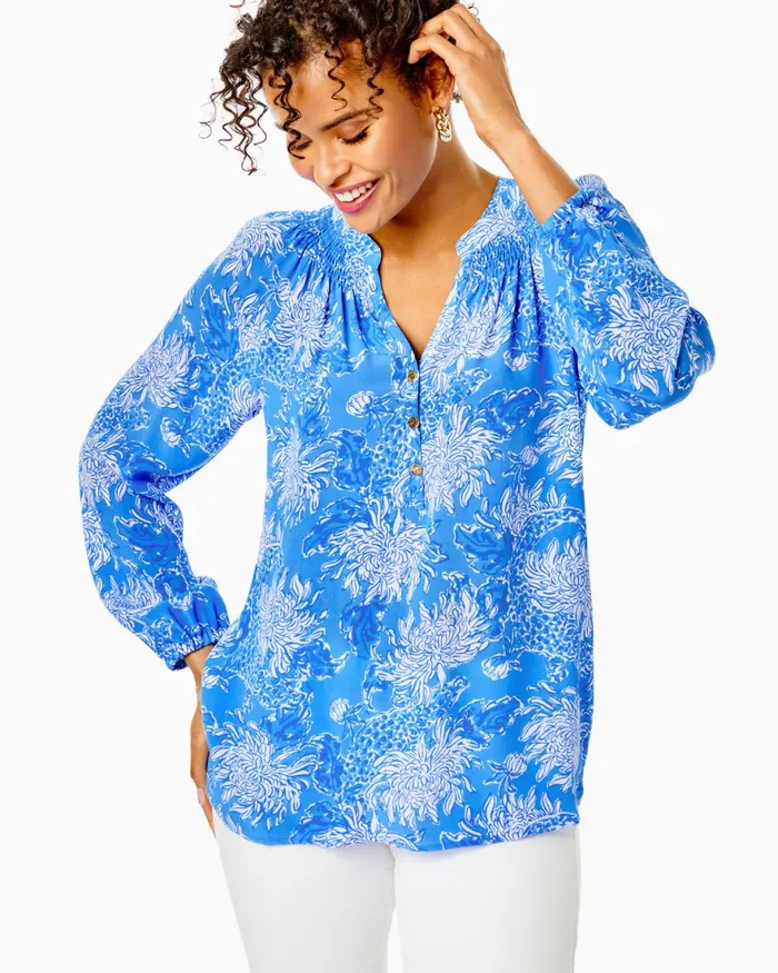 Tops WomenHome and Gifts Lilly Pulitzer Elsa Silk Top Boca Blue Croc And Lock It Tops WomenHome and Gifts Lilly Pulitzer Elsa Silk Top Boca Blue Croc And Lock It