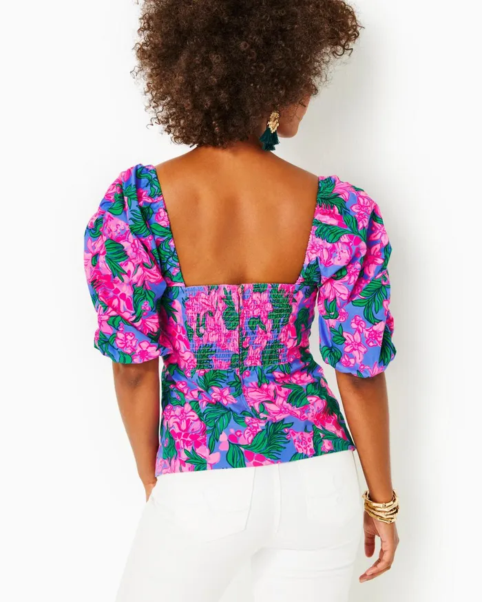 Tops Women Lilly Pulitzer Bitsy Stretch Cotton Top Cerise Pink Safari Sunset