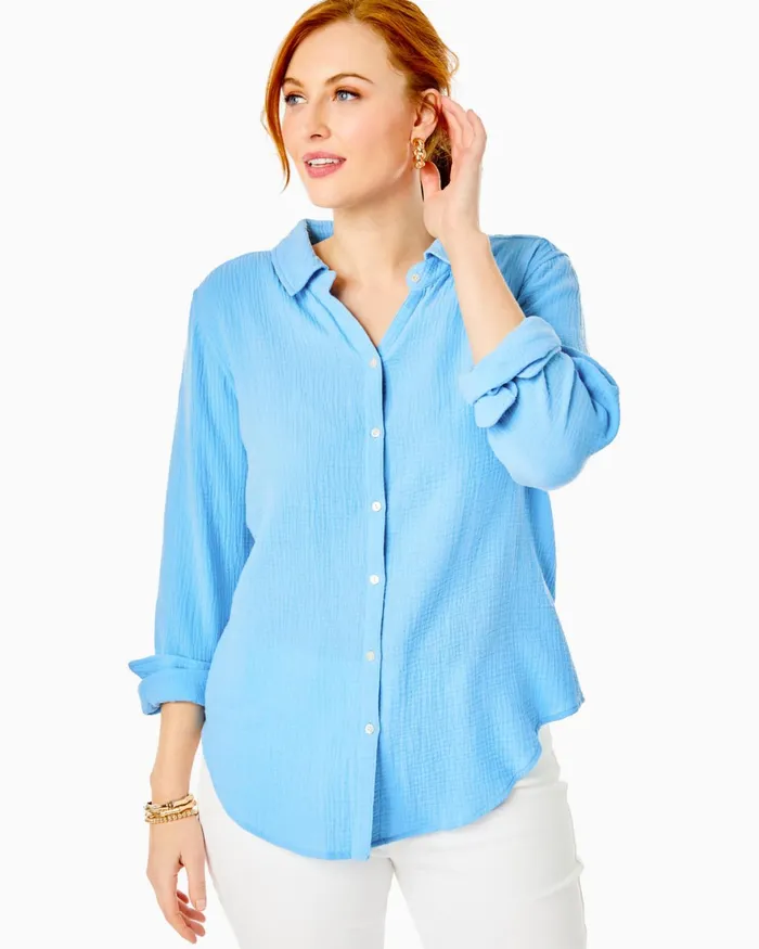 Tops Women Lilly Pulitzer Geanie Button Down Top Frenchie Blue Tops Women Lilly Pulitzer Geanie Button Down Top Frenchie Blue