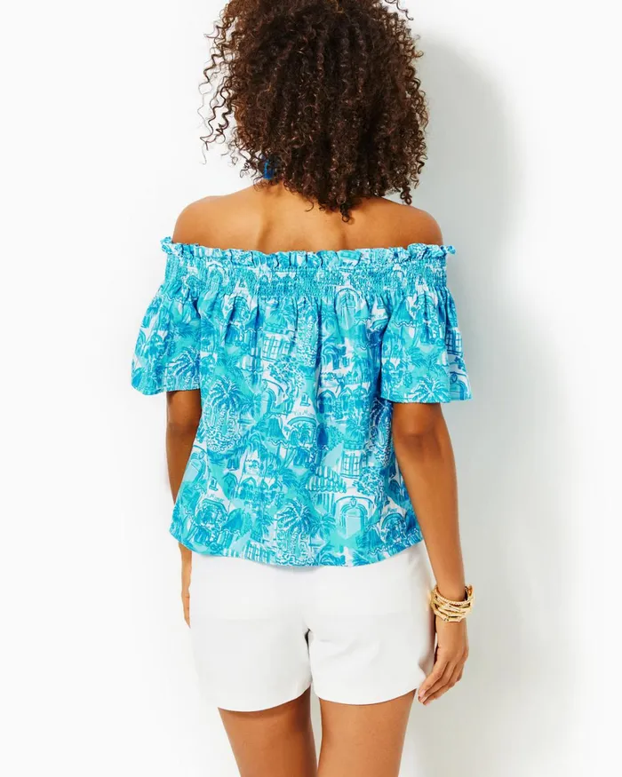 Tops Women Lilly Pulitzer Leanne OffTheShoulder Linen Top Amalfi Blue Sunny State Of Mind