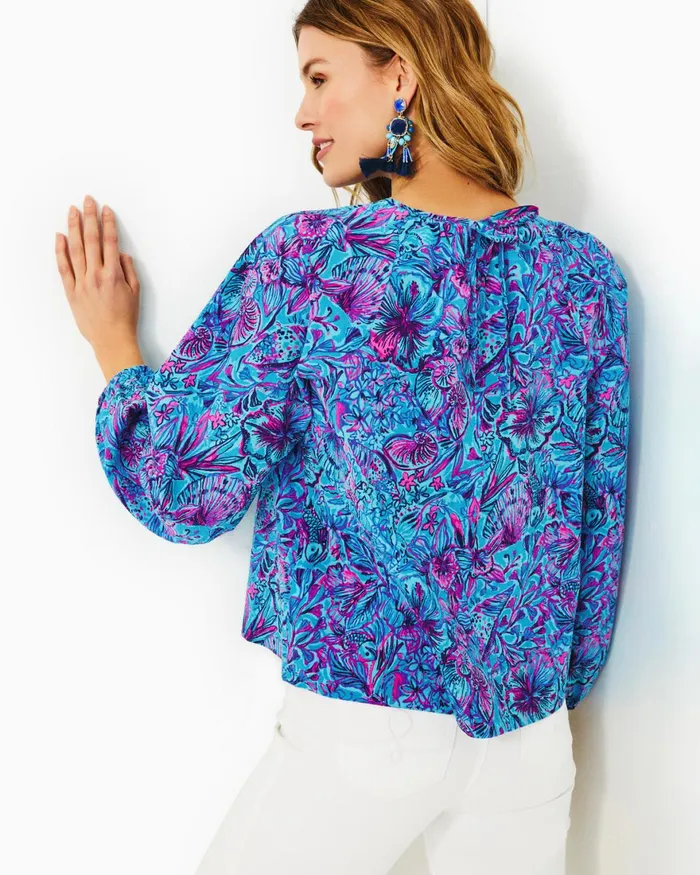 Tops Women Lilly Pulitzer Rilynn Long Sleeve Cotton Top Breakwater Blue Shells N Bells