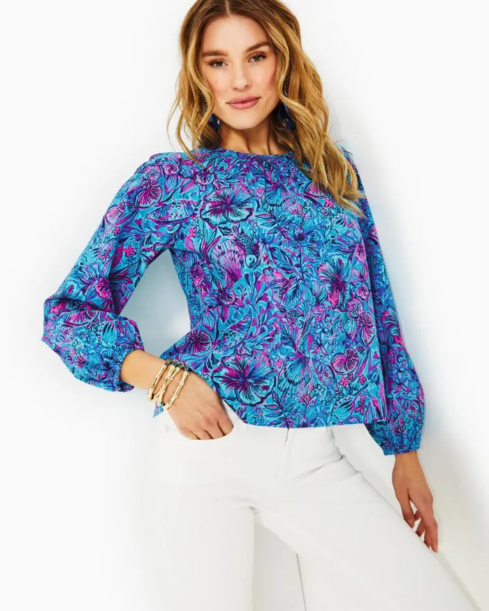 Tops Women Lilly Pulitzer Rilynn Long Sleeve Cotton Top Breakwater Blue Shells N Bells Tops Women Lilly Pulitzer Rilynn Long Sleeve Cotton Top Breakwater Blue Shells N Bells