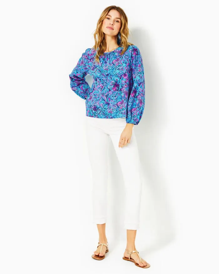 Tops Women Lilly Pulitzer Rilynn Long Sleeve Cotton Top Breakwater Blue Shells N Bells Tops Women Lilly Pulitzer Rilynn Long Sleeve Cotton Top Breakwater Blue Shells N Bells