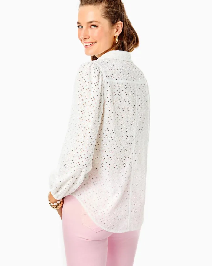 Tops Women Lilly Pulitzer Sea Breeze Eyelet Button Down Top Resort White Ditsy Diamond Poly Eyelet