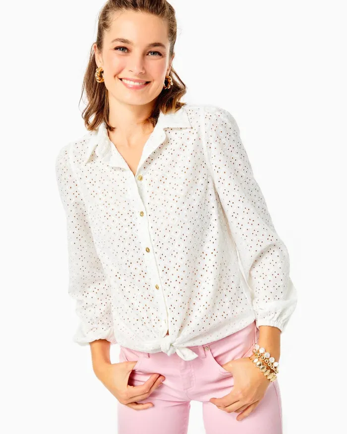 Tops Women Lilly Pulitzer Sea Breeze Eyelet Button Down Top Resort White Ditsy Diamond Poly Eyelet Tops Women Lilly Pulitzer Sea Breeze Eyelet Button Down Top Resort White Ditsy Diamond Poly Eyelet