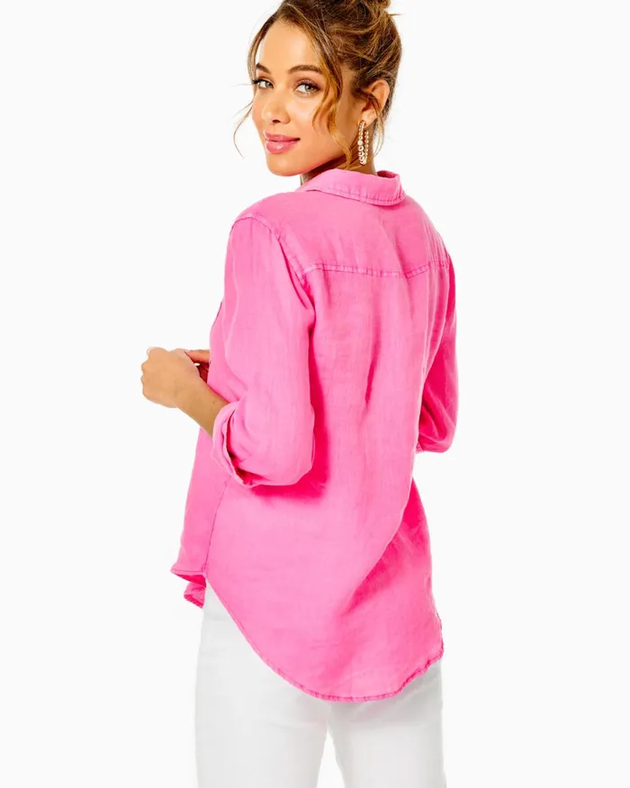 Tops Women Lilly Pulitzer Sea View Linen Button Down Top Aura Pink