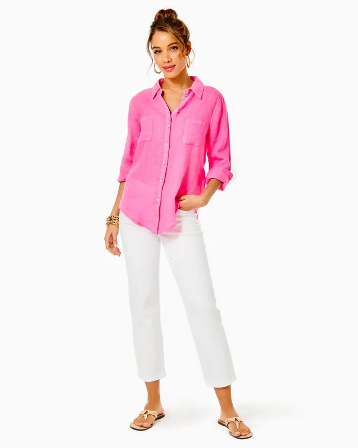 Tops Women Lilly Pulitzer Sea View Linen Button Down Top Aura Pink Tops Women Lilly Pulitzer Sea View Linen Button Down Top Aura Pink