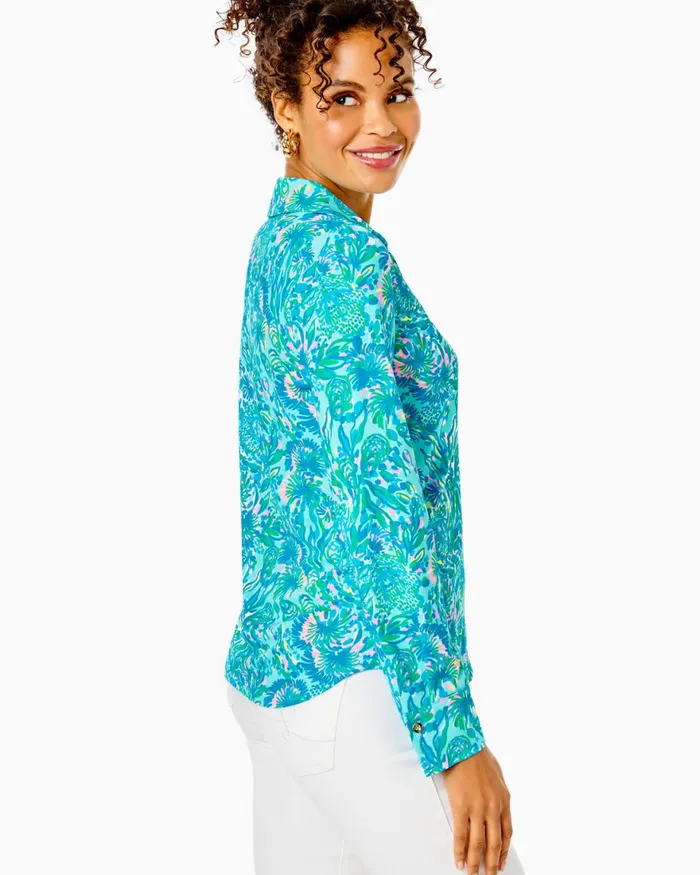 Tops Women Lilly Pulitzer UPF 50 ChillyLilly Marlena Button Down Top Surf Blue Coral Of The Story