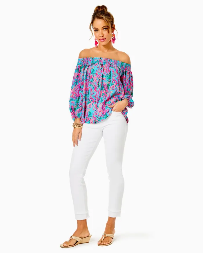 Tops Women Lilly Pulitzer UPF 50 ChillyLilly Marlena Button Down Top Surf Blue Coral Of The Story Tops Women Lilly Pulitzer UPF 50 ChillyLilly Marlena Button Down Top Surf Blue Coral Of The Story