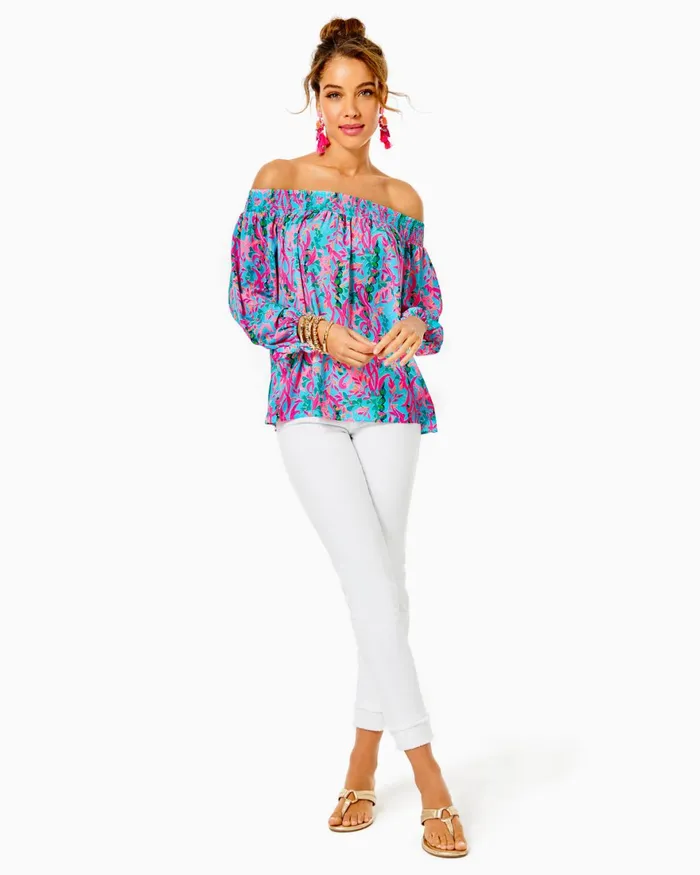 Tops Women Lilly Pulitzer UPF 50 ChillyLilly Marlena Button Down Top Surf Blue Coral Of The Story Tops Women Lilly Pulitzer UPF 50 ChillyLilly Marlena Button Down Top Surf Blue Coral Of The Story