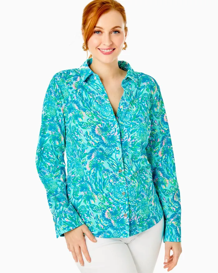 Tops Women Lilly Pulitzer UPF 50 ChillyLilly Marlena Button Down Top Surf Blue Coral Of The Story Tops Women Lilly Pulitzer UPF 50 ChillyLilly Marlena Button Down Top Surf Blue Coral Of The Story