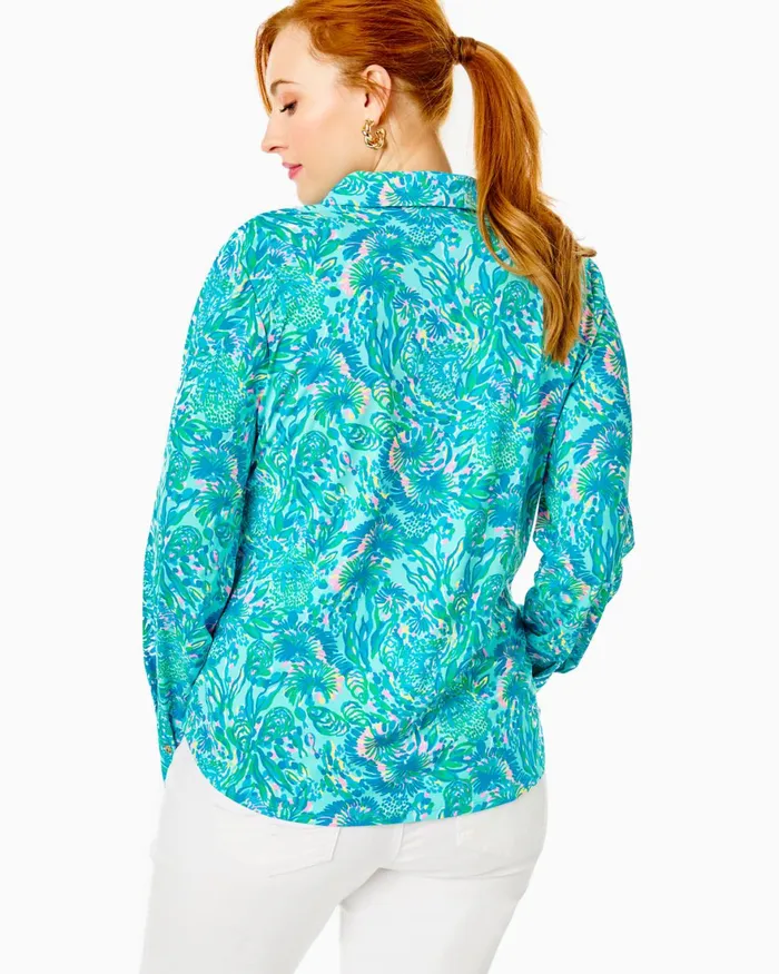 Tops Women Lilly Pulitzer UPF 50 ChillyLilly Marlena Button Down Top Surf Blue Coral Of The Story Tops Women Lilly Pulitzer UPF 50 ChillyLilly Marlena Button Down Top Surf Blue Coral Of The Story