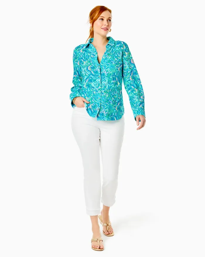 Tops Women Lilly Pulitzer UPF 50 ChillyLilly Marlena Button Down Top Surf Blue Coral Of The Story Tops Women Lilly Pulitzer UPF 50 ChillyLilly Marlena Button Down Top Surf Blue Coral Of The Story