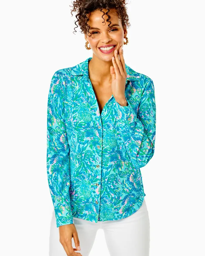 Tops Women Lilly Pulitzer UPF 50 ChillyLilly Marlena Button Down Top Surf Blue Coral Of The Story Tops Women Lilly Pulitzer UPF 50 ChillyLilly Marlena Button Down Top Surf Blue Coral Of The Story