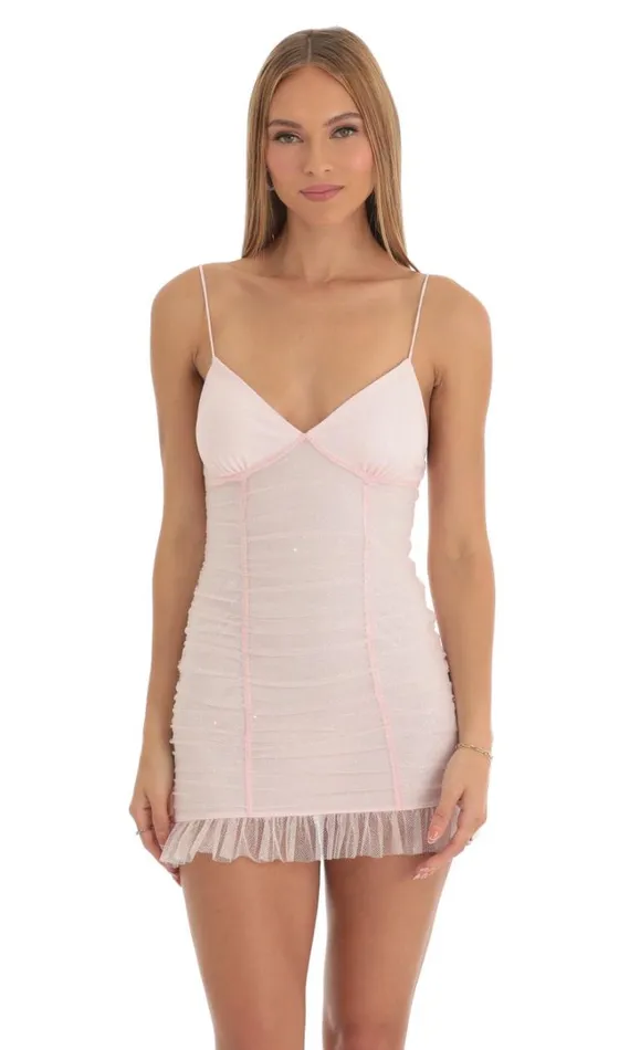 Tulle Glitter Ruched Bodycon Dress Pink Women LUCY IN THE SKY Mini Dresses