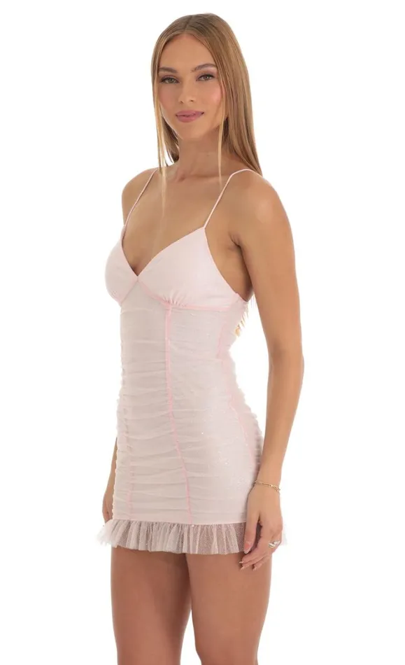 Tulle Glitter Ruched Bodycon Dress Pink Women LUCY IN THE SKY Mini Dresses Tulle Glitter Ruched Bodycon Dress Pink Women LUCY IN THE SKY Mini Dresses