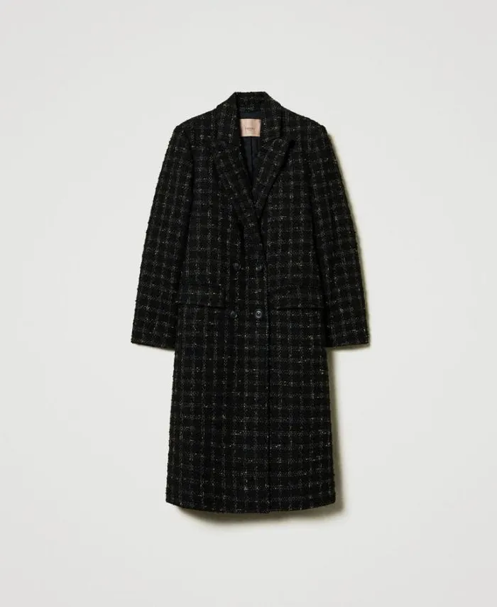 Twinset Coats And Trench Coats Boucl Coat With Check Pattern Black Gold Bouclegrave 8211 Clothing