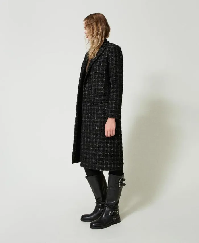 Twinset Coats And Trench Coats Boucl Coat With Check Pattern Black Gold Bouclegrave 8211 Clothing