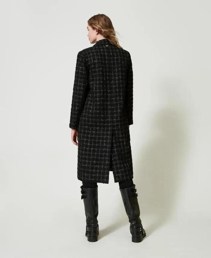 Twinset Coats And Trench Coats Boucl Coat With Check Pattern Black Gold Bouclegrave 8211 Clothing