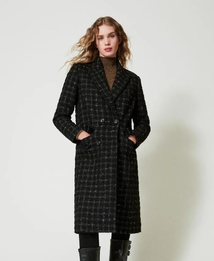 Twinset Coats And Trench Coats Boucl Coat With Check Pattern Black Gold Bouclegrave 8211 Clothing