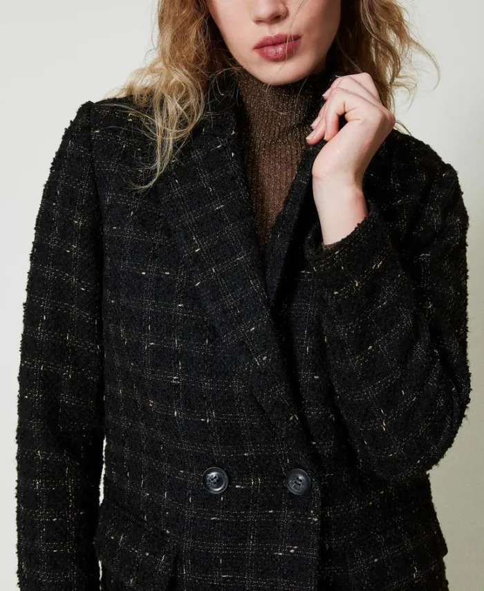 Twinset Coats And Trench Coats Boucl Coat With Check Pattern Black Gold Bouclegrave 8211 Clothing