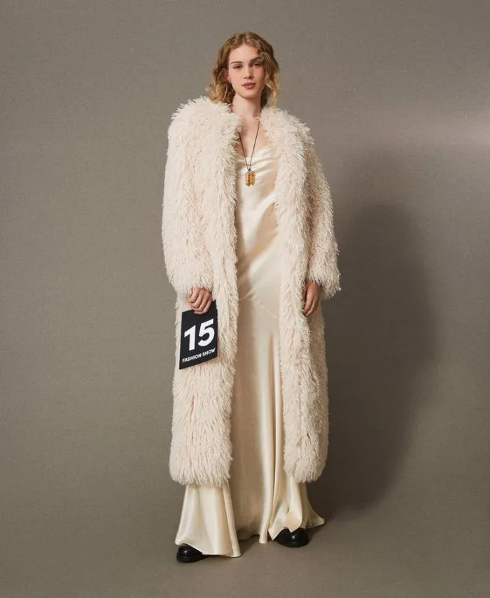 Twinset Coats And Trench Coats Long Faux Fur Coat White Cream 8211 Clothing